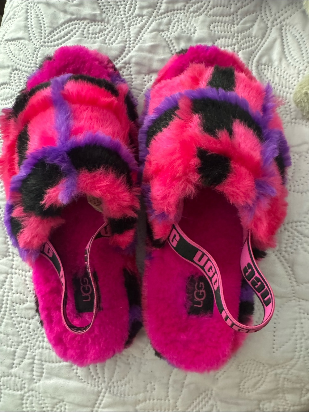 UGG Hot Pink Fuzzy Slide Sandals with Purple & Black Accents